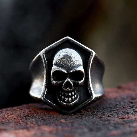 Vintage Stainless Steel Skull Ring For Men Gothic Punk Distressed Finish Biker Jewelry Retro Skeleton Signet Finger Ring