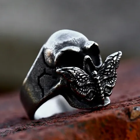Men Gothic Moth Skull Ring Vintage Titanium Steel Skeleton Biker Punk Rock Finger Ring Antique Fashion Jewelry Gift