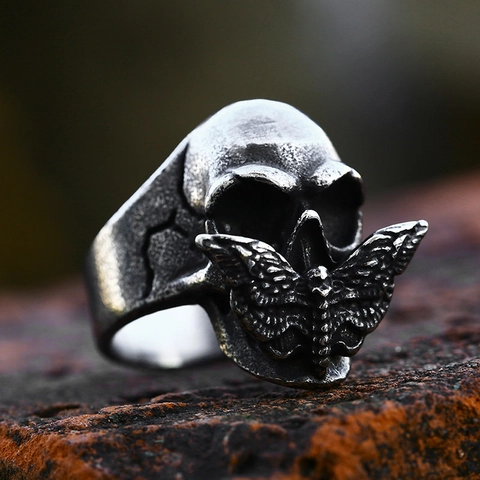 Men Gothic Moth Skull Ring Vintage Titanium Steel Skeleton Biker Punk Rock Finger Ring Antique Fashion Jewelry Gift