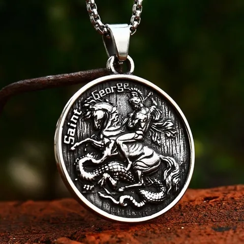 Saint George Slaying Dragon Round Pendant Stainless Steel Vintage Religious Jewelry Polished Finish High Relief Charm