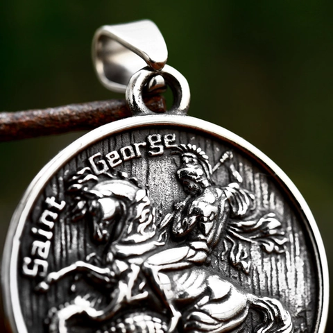 Saint George Slaying Dragon Round Pendant Stainless Steel Vintage Religious Jewelry Polished Finish High Relief Charm