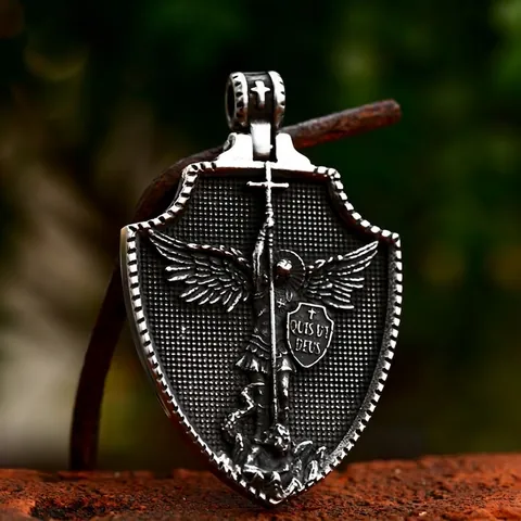 Archangel Saint Michael Shield Pendant Stainless Steel Quis Ut Deus Relief Jewelry For Men Vintage Religious Accessory