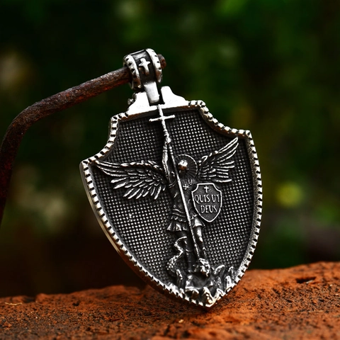 Archangel Saint Michael Shield Pendant Stainless Steel Quis Ut Deus Relief Jewelry For Men Vintage Religious Accessory
