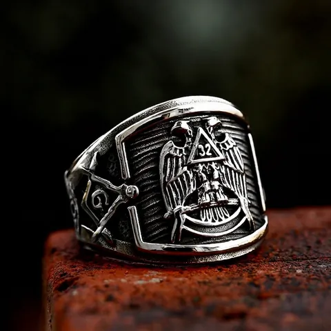 Men's Vintage Stainless Steel Freemasonry Ring Scottish Rite 32nd Degree Double Eagle Signet Ring Retro Masonic Jewelry