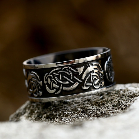 Vintage Stainless Steel Celtic Knot Wolf Head Ring Viking Nordic Style Black Silver Two Tone Gothic Punk Ring For Men Women
