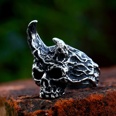 Vintage Punk Gothic Skull Horned Stainless Steel Ring For Men Hip Hop Rock Biker Distressed Animal Ring Jewelry Accessories