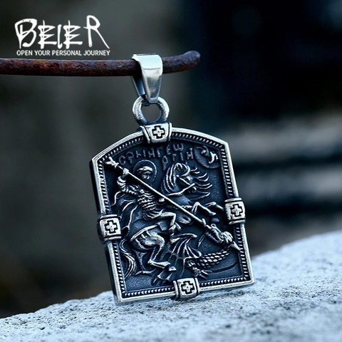 Pendentif en Acier Inoxydable Saint Georges Terrassant Le Dragon Collier Rétro Hip Hop Chevalier Bouclier Plaque Militaire Pendentif pour Hommes Bijoux Religieux Pendentif Seul