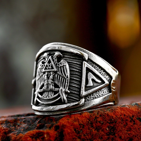 Men's Vintage Stainless Steel Freemasonry Ring Scottish Rite 32nd Degree Double Eagle Signet Ring Retro Masonic Jewelry
