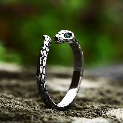 Vintage Roestvrijstalen Slangenring Voor Heren Retro Dier Wikkelring Met Groene Strass Ogen Gothic Punk Sieraden Ring