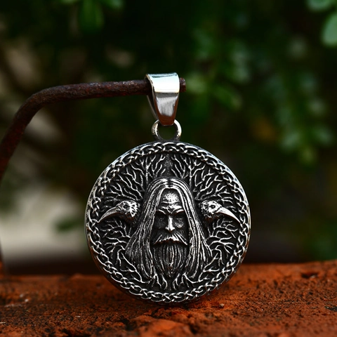 Vintage Stainless Steel Viking Odin Raven Pendant Nordic Myth Tree Of Life Embossed Jewelry For Men Pendant Only Without Chain