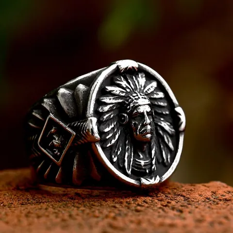 Vintage Stainless Steel Indian Chief Head Ring For Men Punk Hip Hop Native American Tribal Feather Biker Finger Ring Jewelry