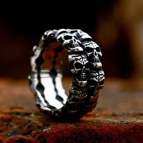 Anillo de Calavera Gótica Vintage Para Hombre de Acero Inoxidable Punk Hip Hop Biker Band Ring Retro Plata Antigua Joyería