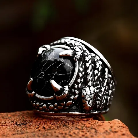 Men's Vintage Stainless Steel Dragon Claw Ring Inlaid Black Turquoise Gothic Punk Distressed Biker Band Ring Jewelry