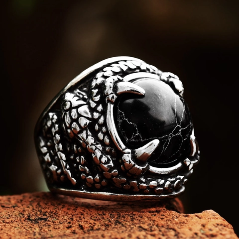 Men's Vintage Stainless Steel Dragon Claw Ring Inlaid Black Turquoise Gothic Punk Distressed Biker Band Ring Jewelry