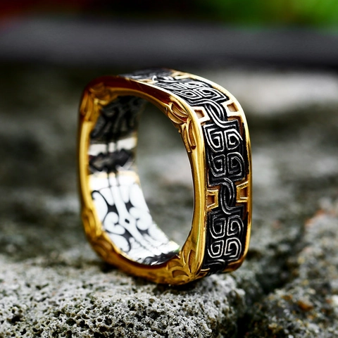 Bague Noeud Celtique en Acier Inoxydable pour Hommes Bicolore Plaqué Or Bande Géométrique Bijoux Viking Nordique Rétro