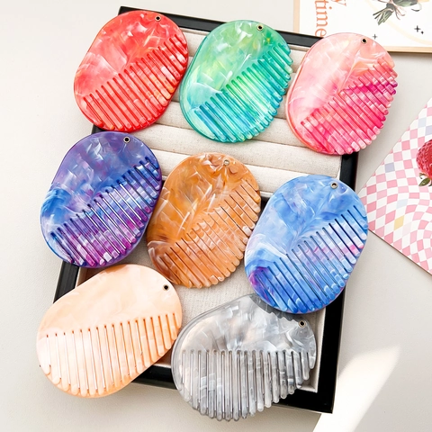 Portable Oval Marble Pattern Folding Mirror and Comb Set Minimalist PS Resin Travel Pocket Hair Comb Makeup Mirror For Women