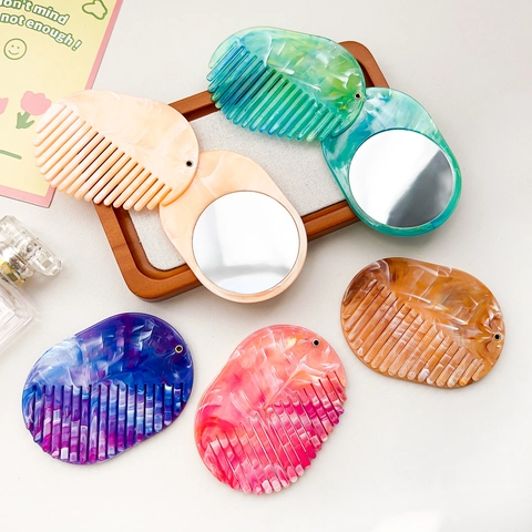 Portable Oval Marble Pattern Folding Mirror and Comb Set Minimalist PS Resin Travel Pocket Hair Comb Makeup Mirror For Women