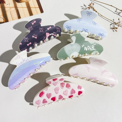 Sweet Valentine Heart Floral Printed Plastic Hair Claw Clips Korean Style Bow Knot Pattern Shark Clips Women Hair Jewelry