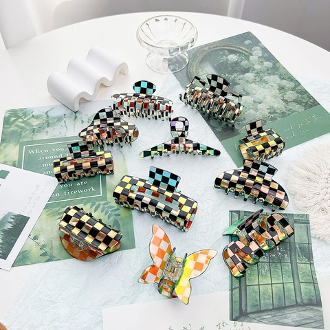 Pinza per Capelli a Scacchiera Stile Ins Coreano Acetato Laser Olografico Clip a Squalo Quadrata Geometrica Accessori Donna