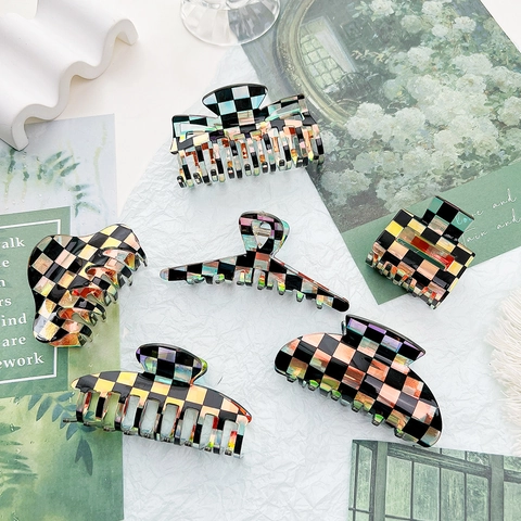 Pinza per Capelli a Scacchiera Stile Ins Coreano Acetato Laser Olografico Clip a Squalo Quadrata Geometrica Accessori Donna