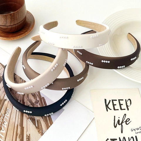 Koreanischer Stil Schwamm Gepolstert Breit Stirnband Mit Künstliche Perle Retro Elegant Damen Haarschmuck Kopfschmuck