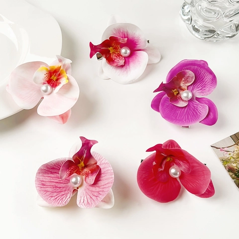 Realistic Orchid Flower Hair Clip With Faux Pearl Elegant Satin Look Fabric Duckbill Clip Romantic Floral Hair Accessory Women