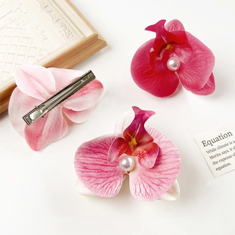 Realistic Orchid Flower Hair Clip With Faux Pearl Elegant Satin Look Fabric Duckbill Clip Romantic Floral Hair Accessory Women