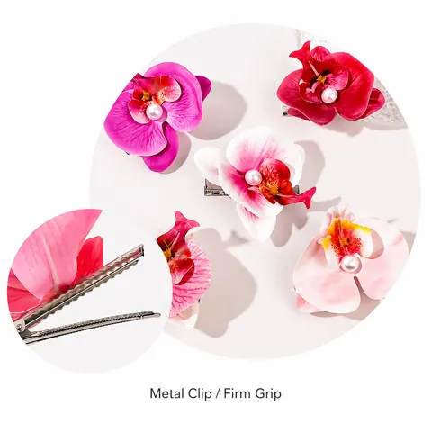 Realistic Orchid Flower Hair Clip With Faux Pearl Elegant Satin Look Fabric Duckbill Clip Romantic Floral Hair Accessory Women
