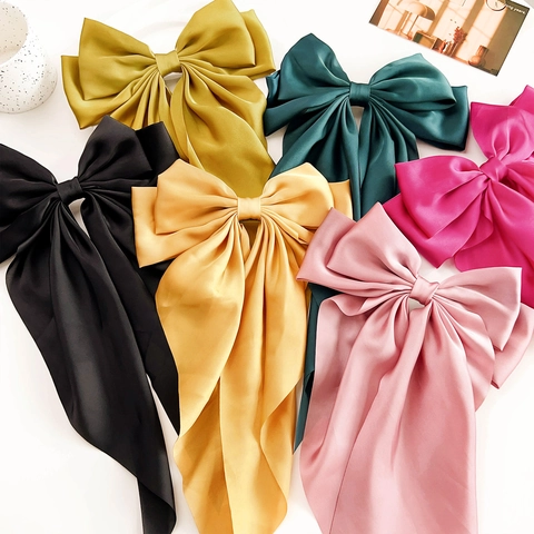 Vintage Satin Bowknot Ribbon Hair Clip For Women Large Double Layer Silk Like Bow Hairpin Elegant Headwear Hair Accessories