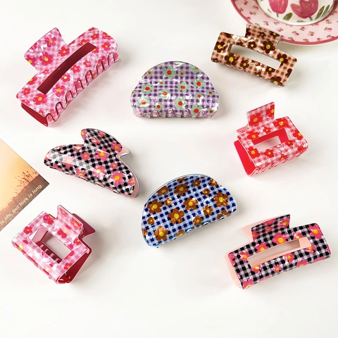Vintage Plaid Floral Hair Claw Clip For Women Korean Style Square Acetate Large Shark Hair Clips For Thick Hair Styling