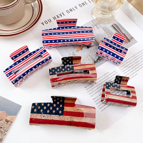 Patriotic US Flag Shark Hair Clip Acrylic Stars And Stripes Hair Jaw Clamp Vintage Independence Day Headwear For Women