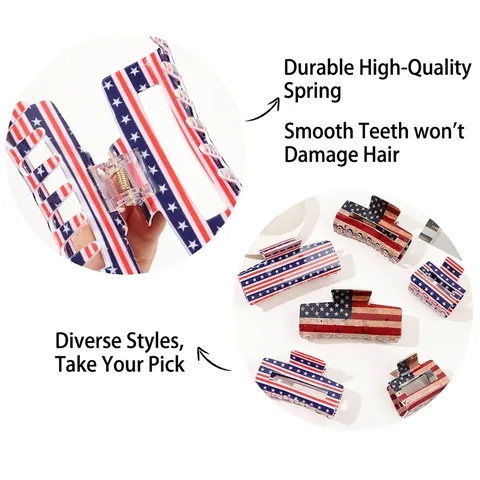 Patriotic US Flag Shark Hair Clip Acrylic Stars And Stripes Hair Jaw Clamp Vintage Independence Day Headwear For Women