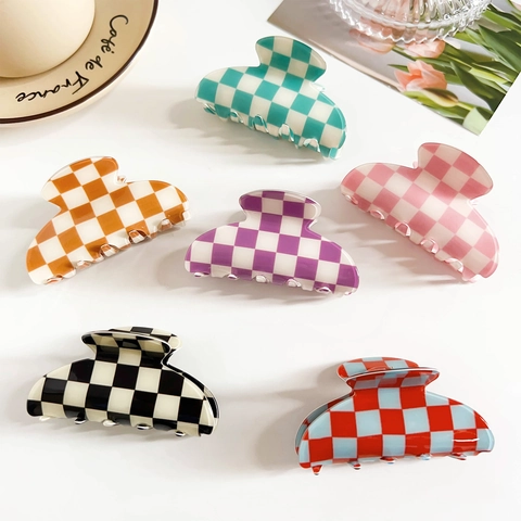 Pince à Cheveux en PVC à Damier Clip Requin Géométrique Style Coréen Pinces à Cheveux Mates pour Femmes Accessoires