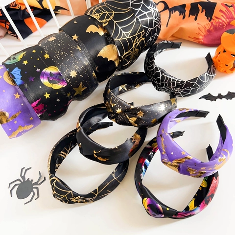 Cerchietto Halloween Nodo Largo Stampa Ragnatela Pipistrello Zucca in Raso Accessori per Capelli Donna per Festa