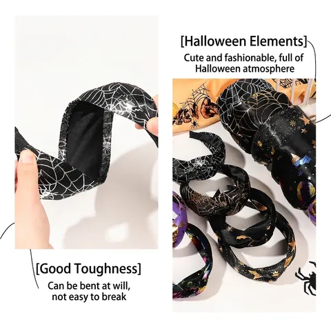 Cerchietto Halloween Nodo Largo Stampa Ragnatela Pipistrello Zucca in Raso Accessori per Capelli Donna per Festa
