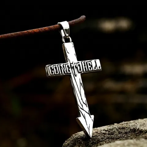 Gothic Stainless Steel Cross Arrow Pendant Embossed Letter Going To Hell Retro Vintage Punk Biker Jewelry For Men Women