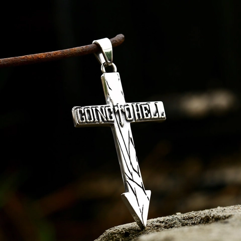 Gothic Stainless Steel Cross Arrow Pendant Embossed Letter Going To Hell Retro Vintage Punk Biker Jewelry For Men Women