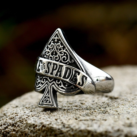 Vintage Stainless Steel Ace Of Spades Poker Ring For Men Punk Rock Biker Engraved Scroll Pattern Gothic Finger Jewelry