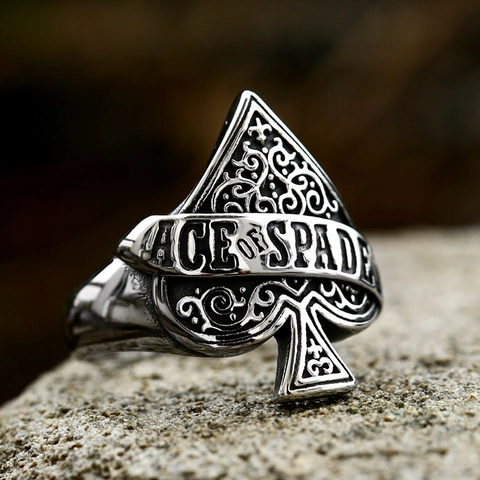 Vintage Stainless Steel Ace Of Spades Poker Ring For Men Punk Rock Biker Engraved Scroll Pattern Gothic Finger Jewelry