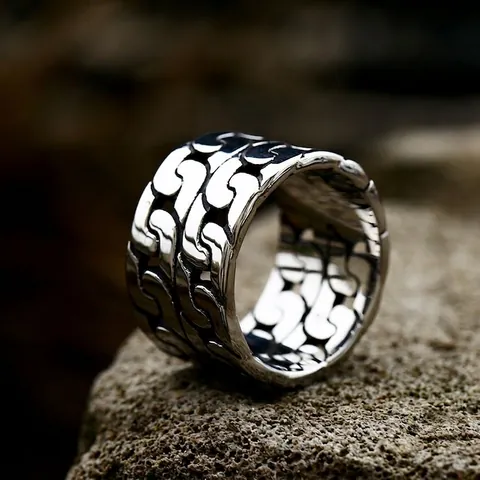 Anello in Acciaio Inossidabile Catena Cubana Vintage Punk Fascia Larga Traforata Stile Industriale Gioielli Regalo Per Uomo