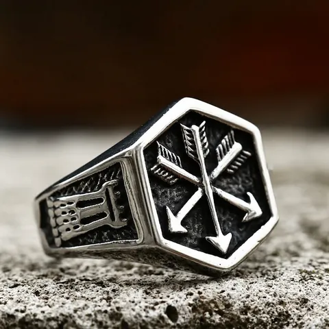 Vintage Stainless Steel Signet Ring For Men Antique Silver Crossed Arrows Hexagon Band Punk Gothic Titanium Steel Jewelry