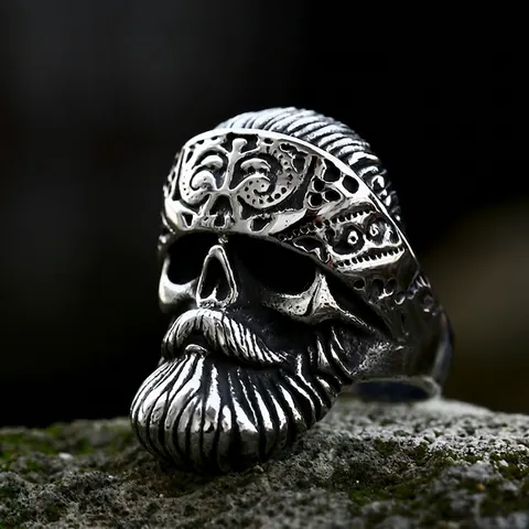 Vintage Bearded Skull Ring For Men Titanium Steel Punk Gothic Biker Ring Retro Antiqued Silver Color Statement Men Jewelry Gift