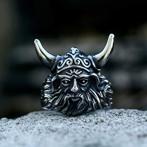 Nordic Viking Warrior Ring Retro Stainless Steel Horned Helmet Pirate Face Ring For Men Punk Gothic Jewelry Finger Ring