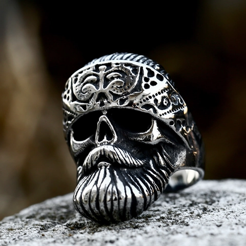 Vintage Bearded Skull Ring For Men Titanium Steel Punk Gothic Biker Ring Retro Antiqued Silver Color Statement Men Jewelry Gift