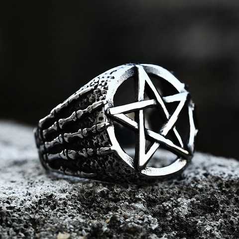 Anello Pentagramma a Mano Scheletrica in Acciaio Inossidabile Punk Vintage per Uomo Anello in Argento Antico Gotico Gioielli
