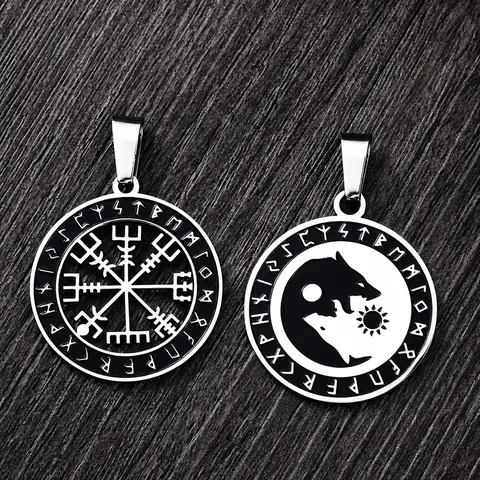 Ciondolo Bussola Rune Vichinghe Vintage in Acciaio Inossidabile Vegvisir Nordico Testa di Lupo Sole Luna Tondo da Uomo