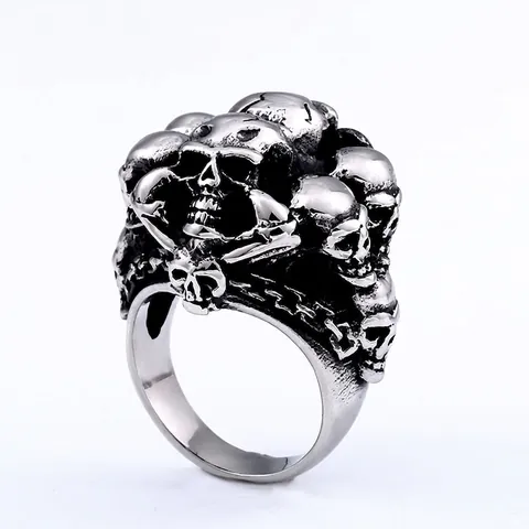 Punk Gothic Stainless Steel Stacked Skull Ring For Men Vintage Distressed Antique Silver Biker Party Jewelry Finger Ring