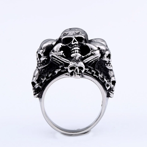 Punk Gothic Stainless Steel Stacked Skull Ring For Men Vintage Distressed Antique Silver Biker Party Jewelry Finger Ring