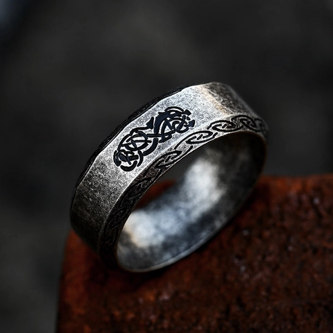 Vintage Nordic Runes Viking Celtic Knot Stainless Steel Band Ring For Men Women Antique Finish Punk Gothic Dragon Pattern Jewelry Gift
