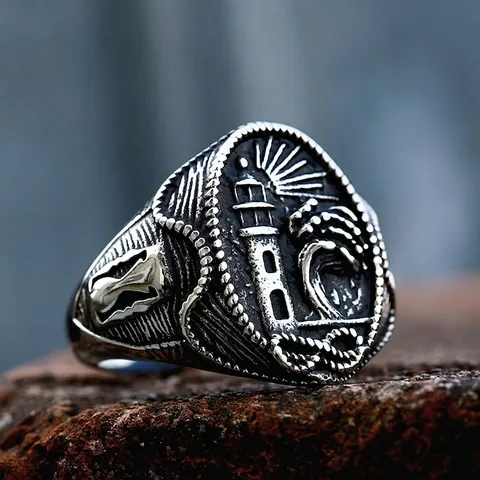 Bague Phare en Acier Inoxydable Vintage pour Hommes Motif de Vagues Nautiques Anneau Style Punk Rétro Bijoux Biker